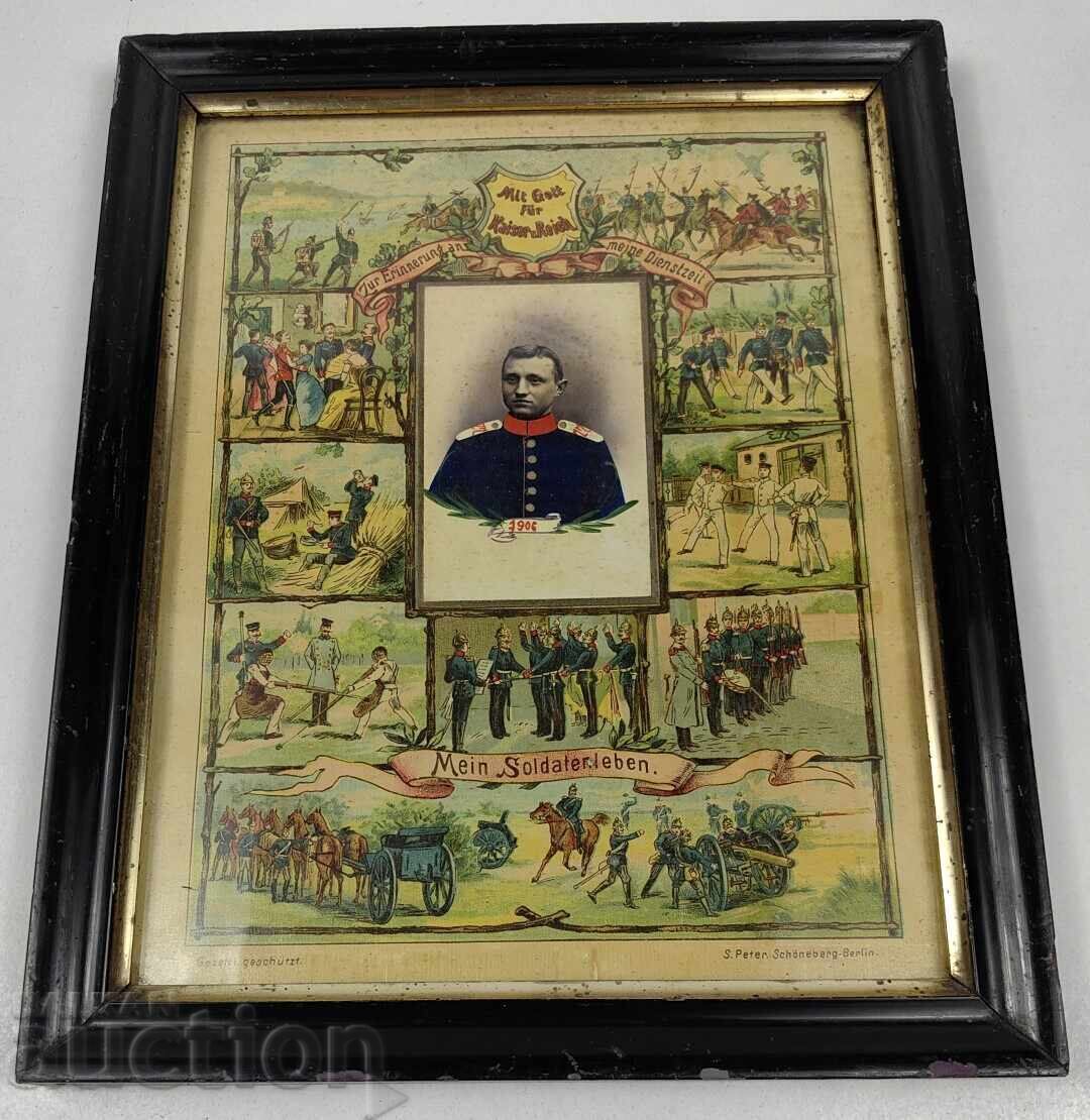 Livrarea 1906 LITOGRAFIE MILITARĂ GERMANĂ PERFECTĂ RAMĂ SOLDAT UNIFORMĂ