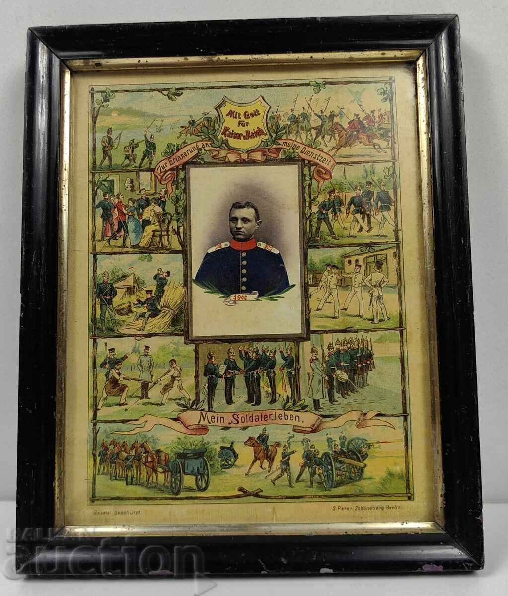 1906 LITOGRAFIE MILITARĂ GERMANĂ PERFECTĂ RAMĂ SOLDAT UNIFORMĂ