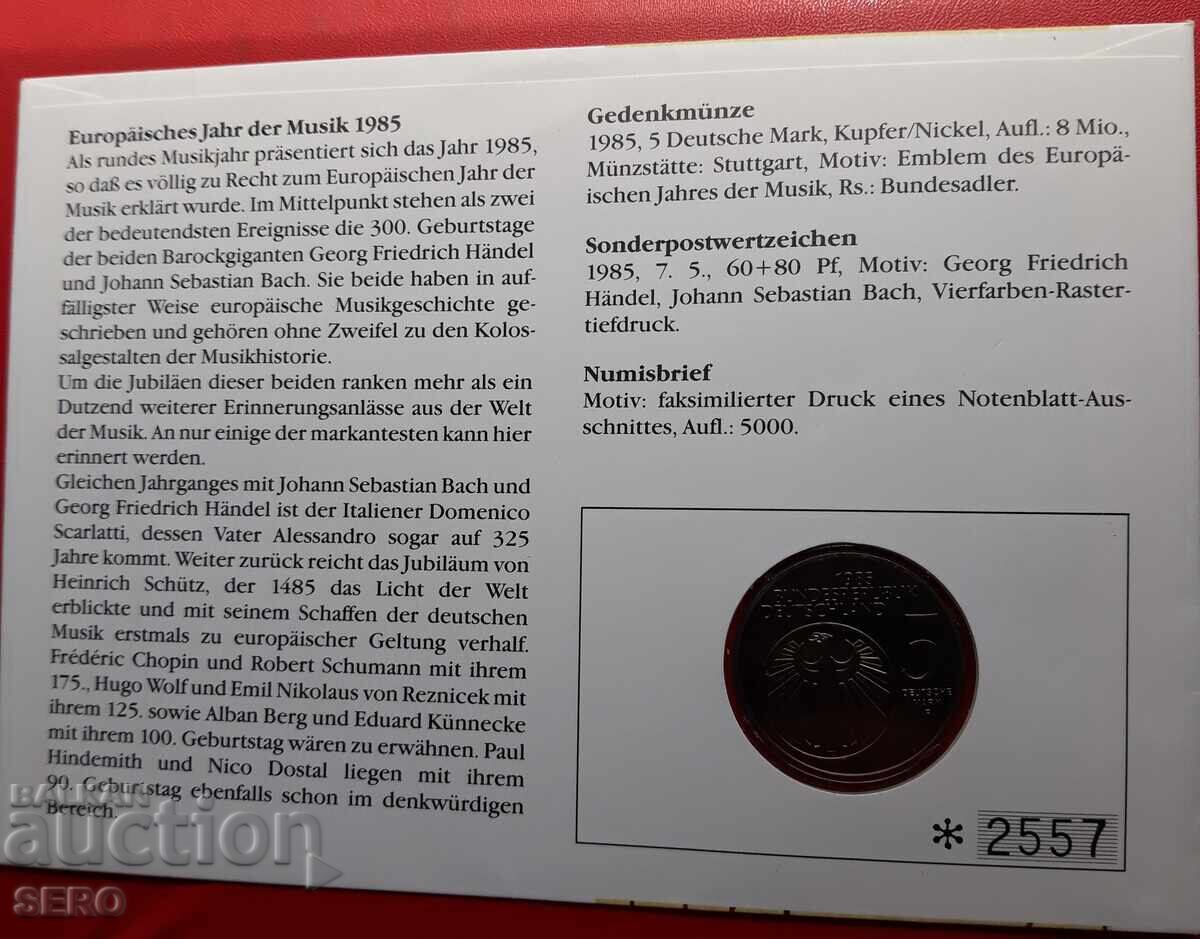 Auction  Germany-5 marks 1985-music and postage stamp in a beautiful envelope