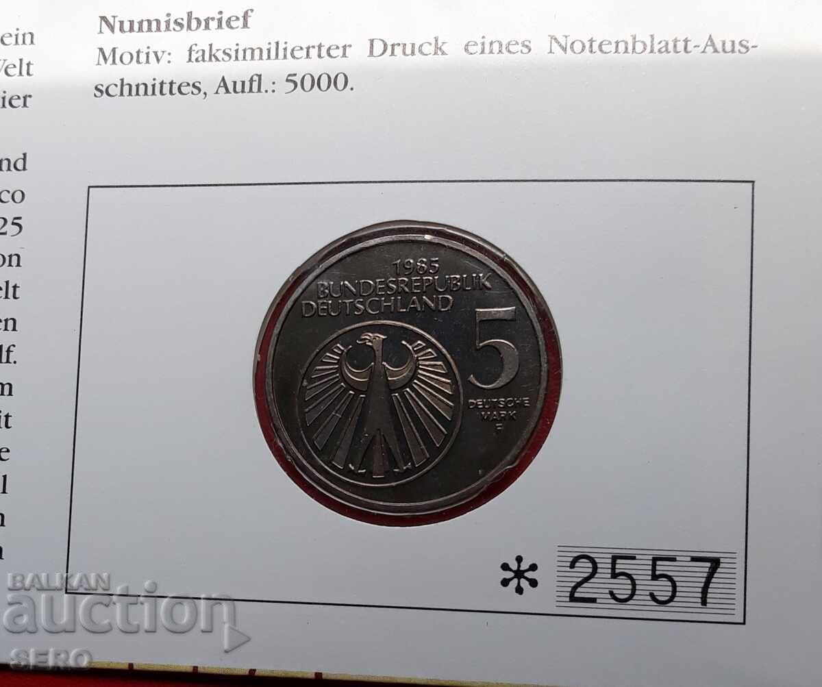 Delivery of Germany-5 marks 1985-music and postage stamp in a beautiful envelope