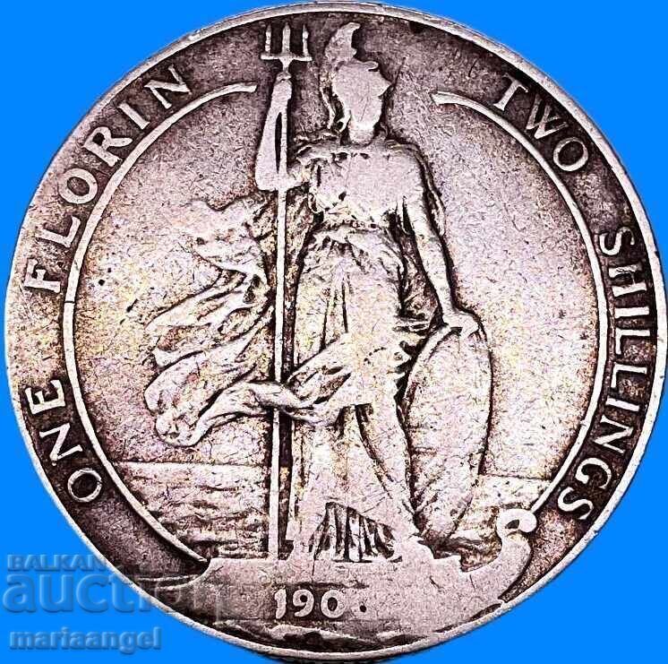 Florin 1906 Marea Britanie 2 șilingi 11,18g Eduard VII argint - 5