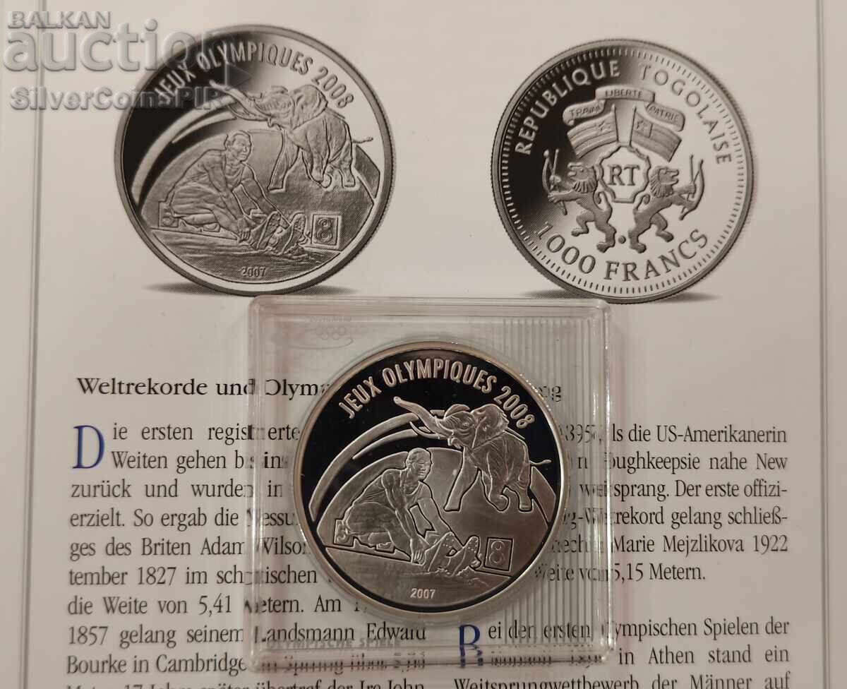 Silver 1000 Francs 2008 Olympics Togo