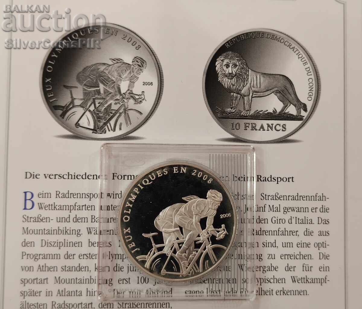 Silver 10 Francs 2008 Olympics Congo