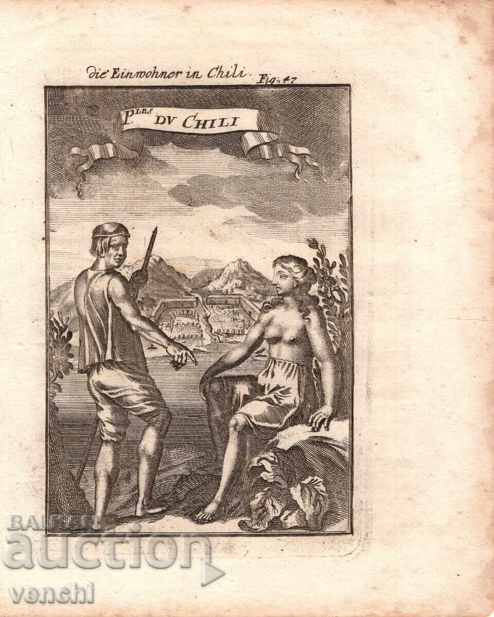 1719 - MALLET ENGRAVING - INHABITANTS OF CHILE - original 1719 - MALLET ENGRAVING - INHABITANTS OF CHILE - original