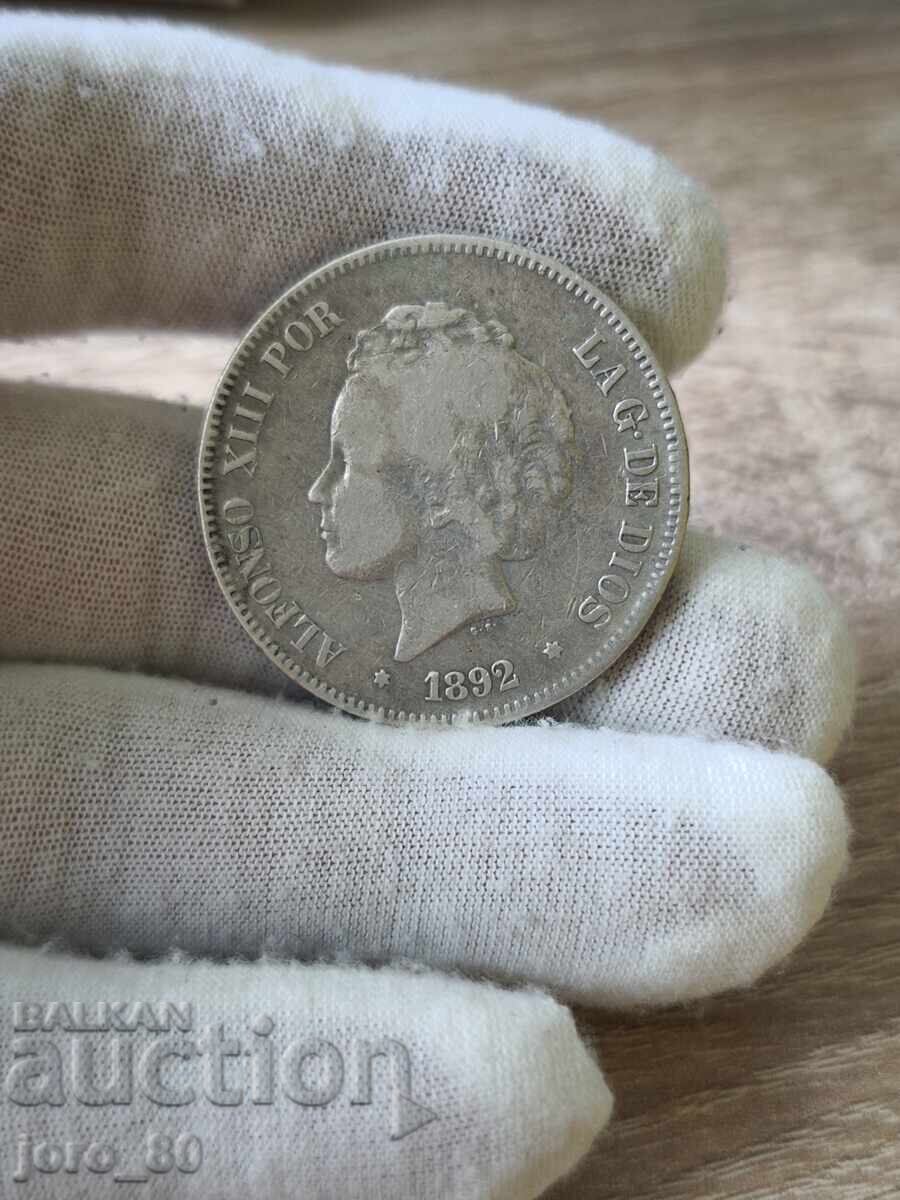 5 песети 1892 година Испания с цена € 70.00 | 136.91 лв.