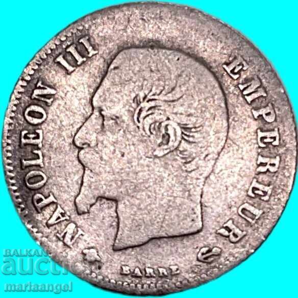 20 centimes 1860 Franta Strasbourg Napoleon III argint - 7