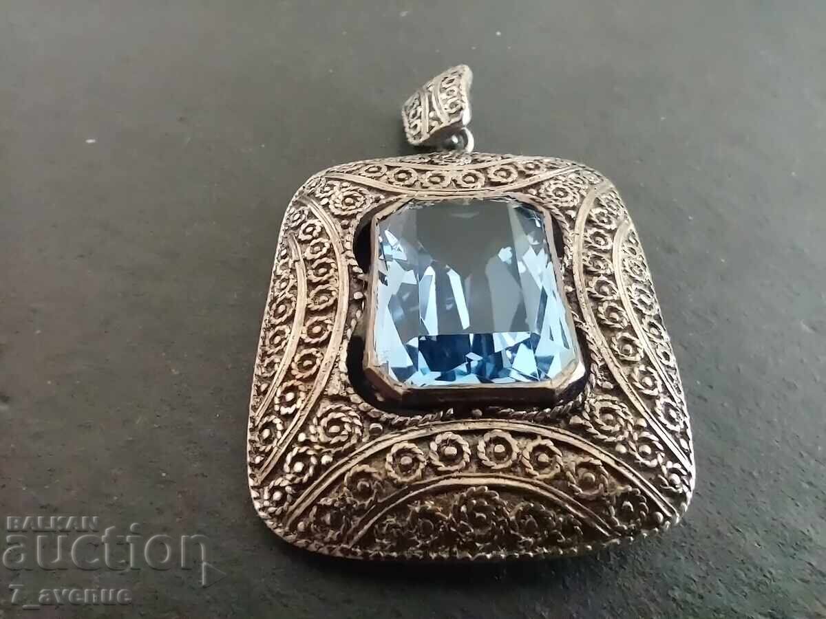 Silver pendant with blue stone vintage stylish handmade