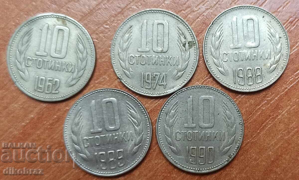 10 stotinki, câte una din anii 1962, 1974, 1988, 1989, 1990, 5 x 0,16 €