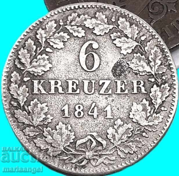 6 кройцера 1841 Германия Баден сребро - 6