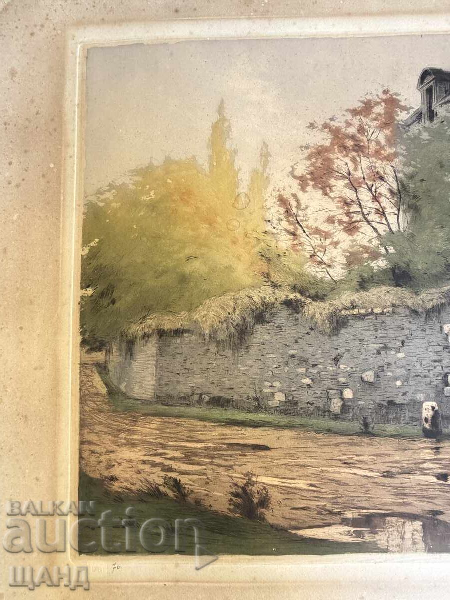 Licitație 1900 Desen mare Acvaforte Peisaj cu semnătură 85x63 Castel