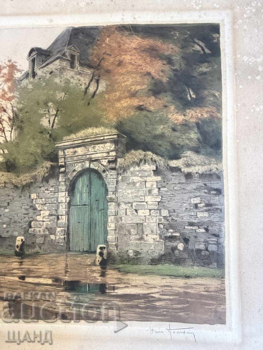 Livrarea 1900 Desen mare Acvaforte Peisaj cu semnătură 85x63 Castel