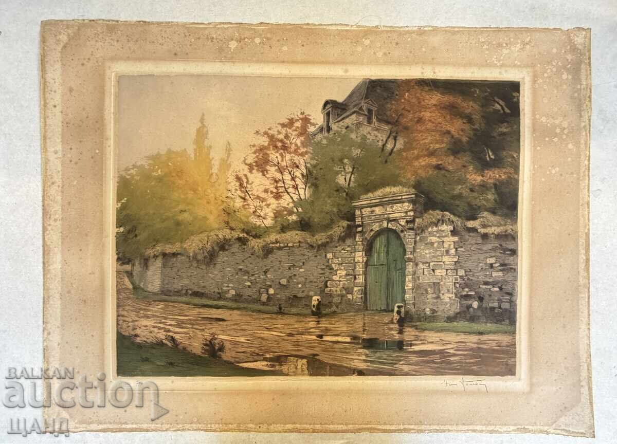 1900 Desen mare Acvaforte Peisaj cu semnătură 85x63 Castel