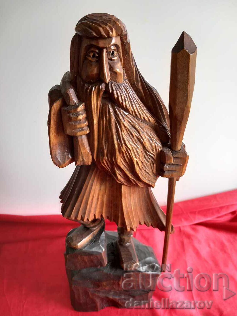 Large Wooden Statue Old Man with a Sack, Woodcarving, Figure