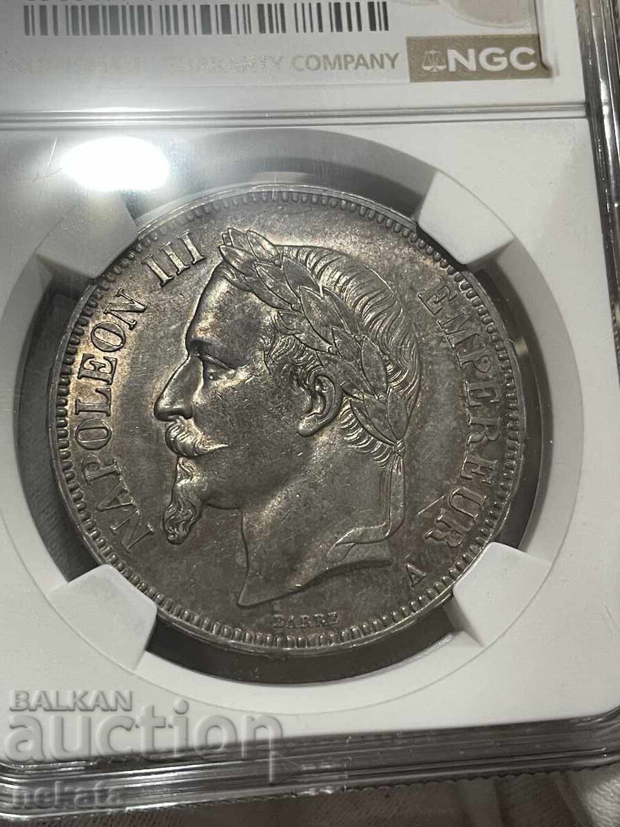 Δημοπρασία Γαλλία, 5 φράγκα 1867A, NGC AU58