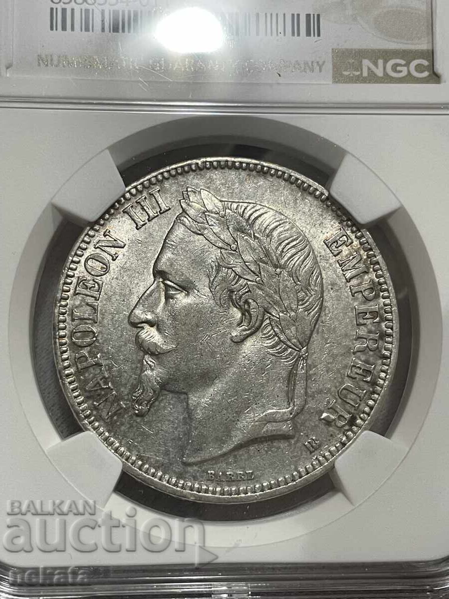 Licitație Franța, 5 franci 1869BB, NGC AU55
