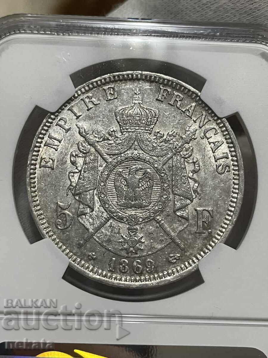 Livrarea Franța, 5 franci 1869BB, NGC AU55