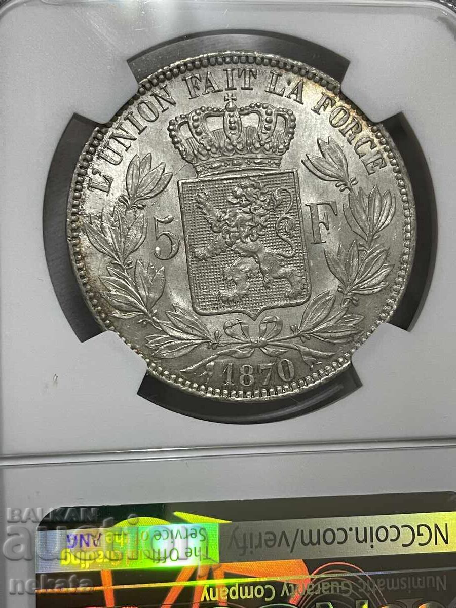 Belgium, 5 Francs 1870 NGC MS63 - 6 Belgium, 5 Francs 1870 NGC MS63 - 6