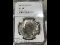 Belgium, 5 Francs 1870 NGC MS63