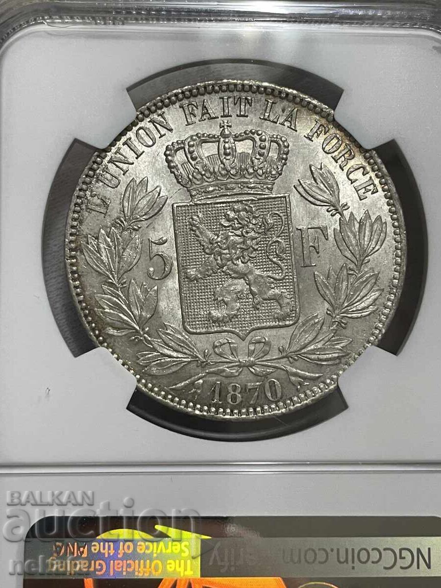 Παράδοση Βέλγιο, 5 Φράγκα 1870 NGC MS63