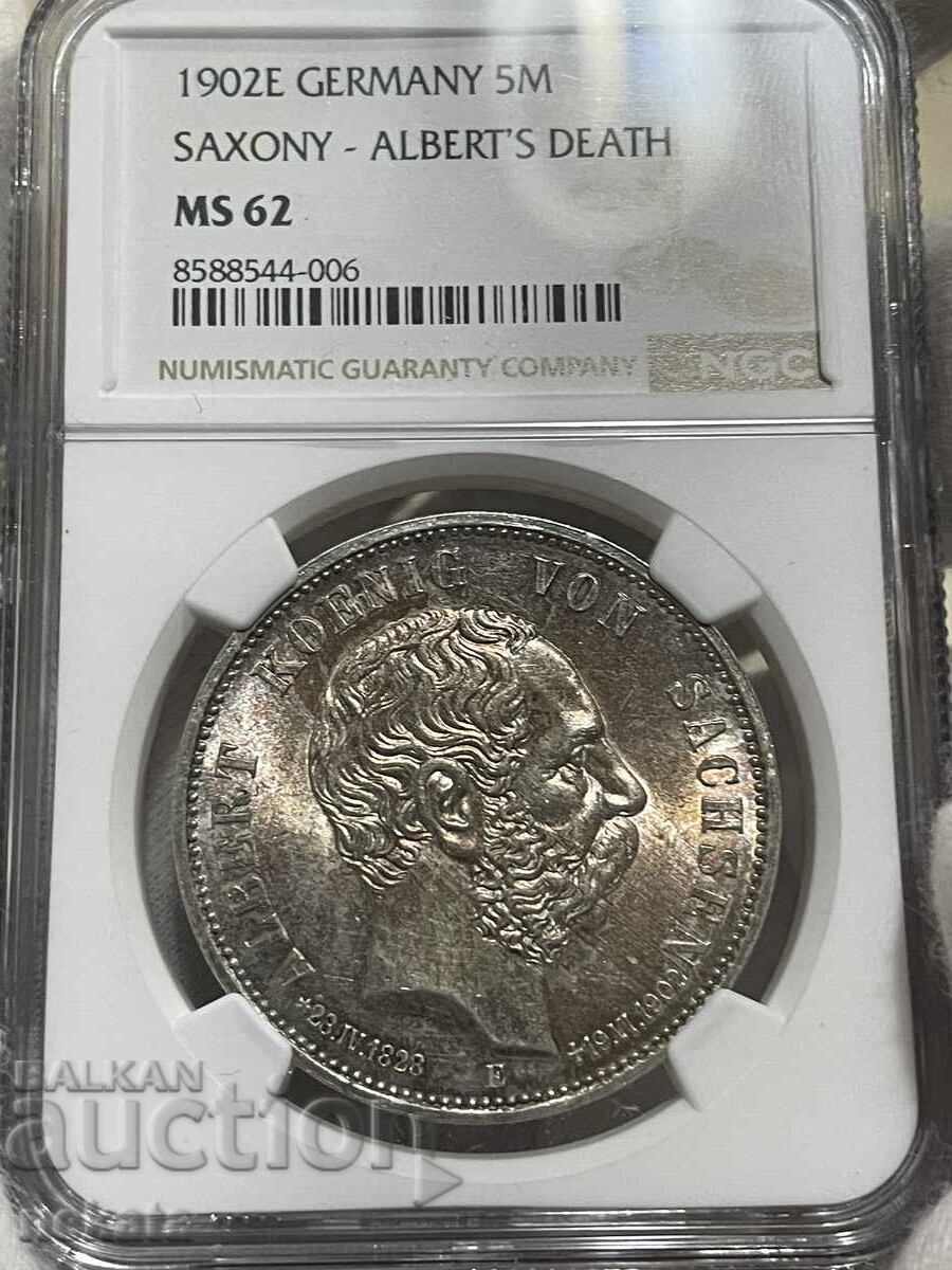 Аукцион Германия, Саксония, 5 марки, 1902 Смърта на Алберт, MS62 NGC Аукцион Германия, Саксония, 5 марки, 1902 Смърта на Алберт, MS62 NGC