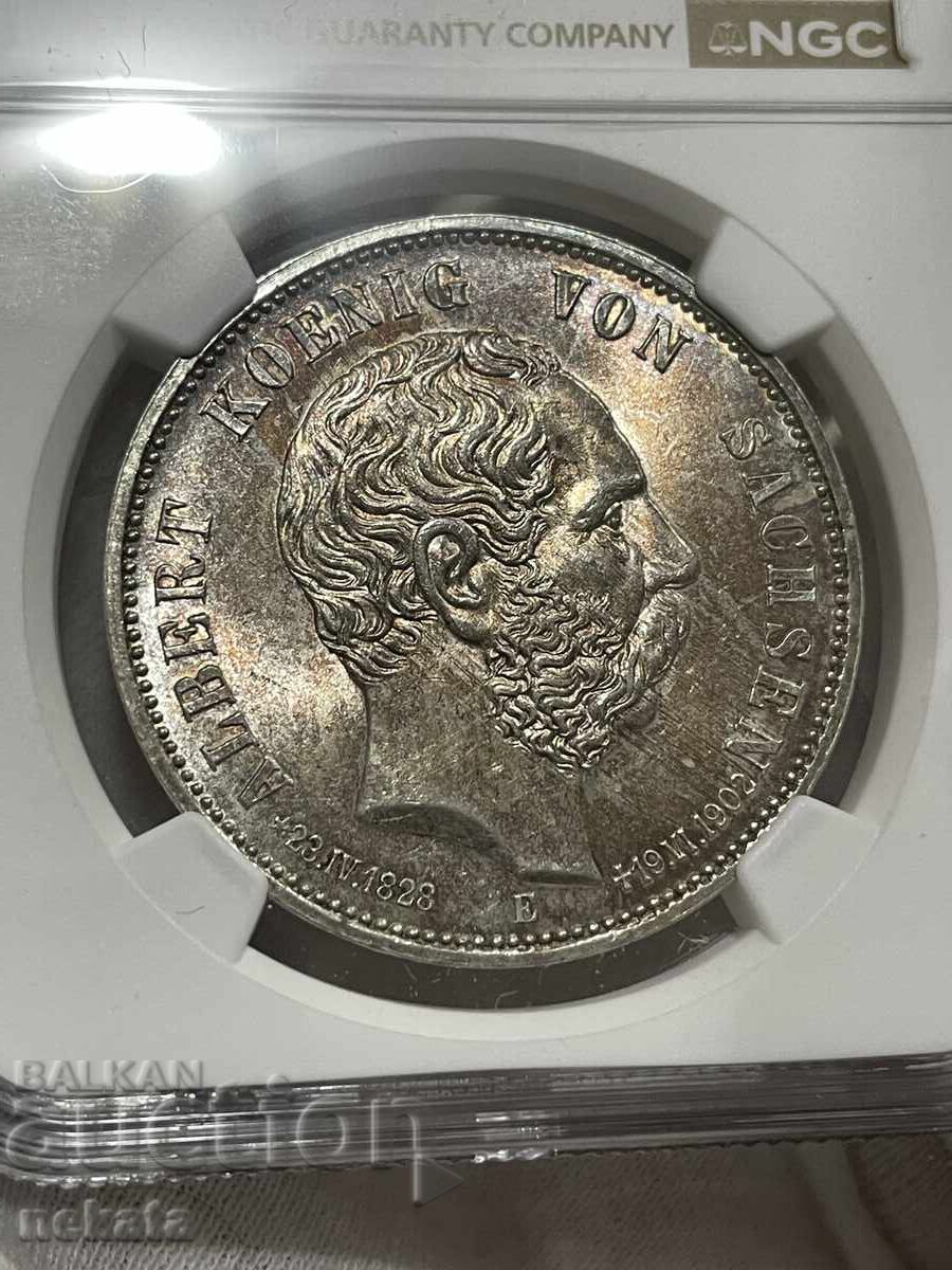 Доставка на Германия, Саксония, 5 марки, 1902 Смърта на Алберт, MS62 NGC Доставка на Германия, Саксония, 5 марки, 1902 Смърта на Алберт, MS62 NGC