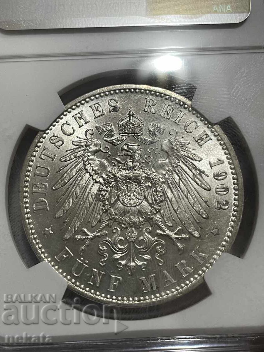 Германия, Саксония, 5 марки, 1902 Смърта на Алберт, MS62 NGC - 5 Германия, Саксония, 5 марки, 1902 Смърта на Алберт, MS62 NGC - 5