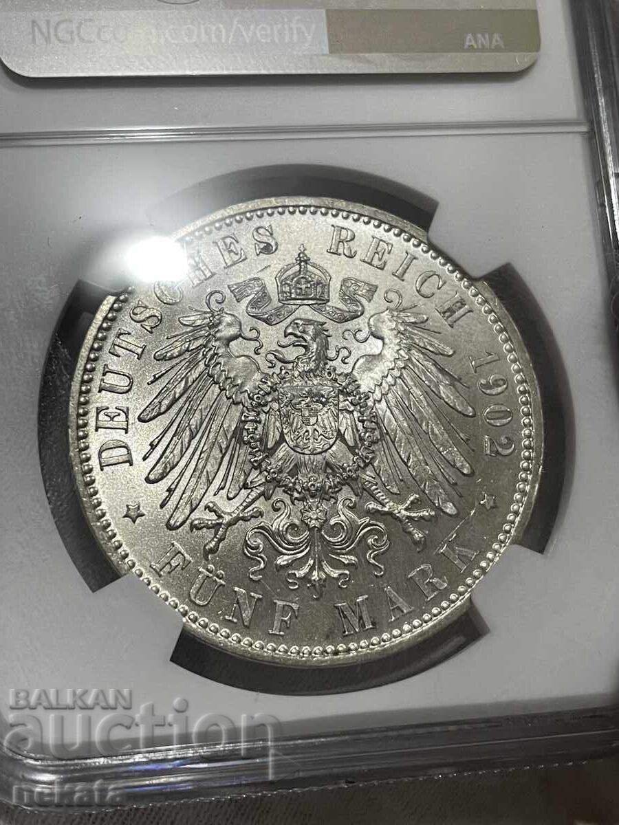 Германия, Саксония, 5 марки, 1902 Смърта на Алберт, MS62 NGC - 6 Германия, Саксония, 5 марки, 1902 Смърта на Алберт, MS62 NGC - 6
