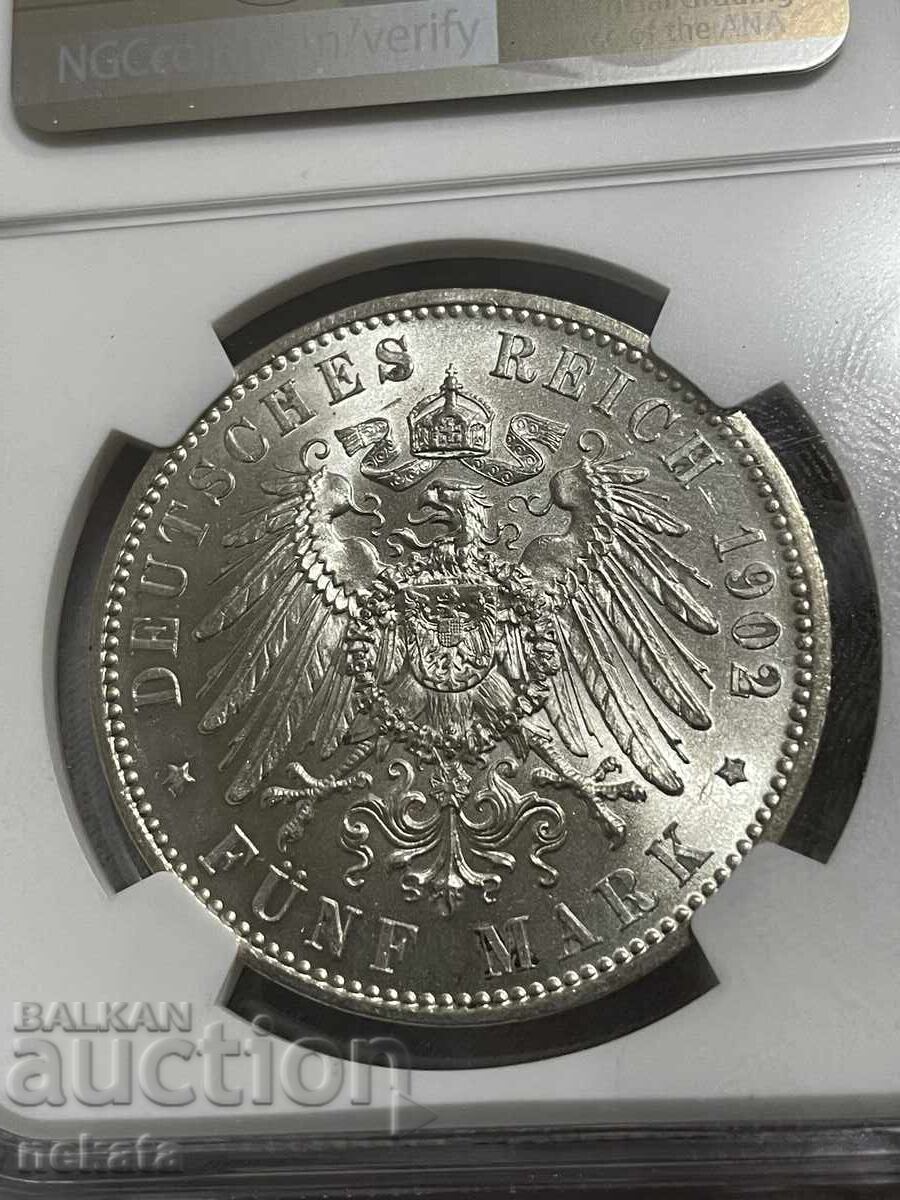 Германия, Саксония, 5 марки, 1902 Смърта на Алберт, MS62 NGC - 7 Германия, Саксония, 5 марки, 1902 Смърта на Алберт, MS62 NGC - 7