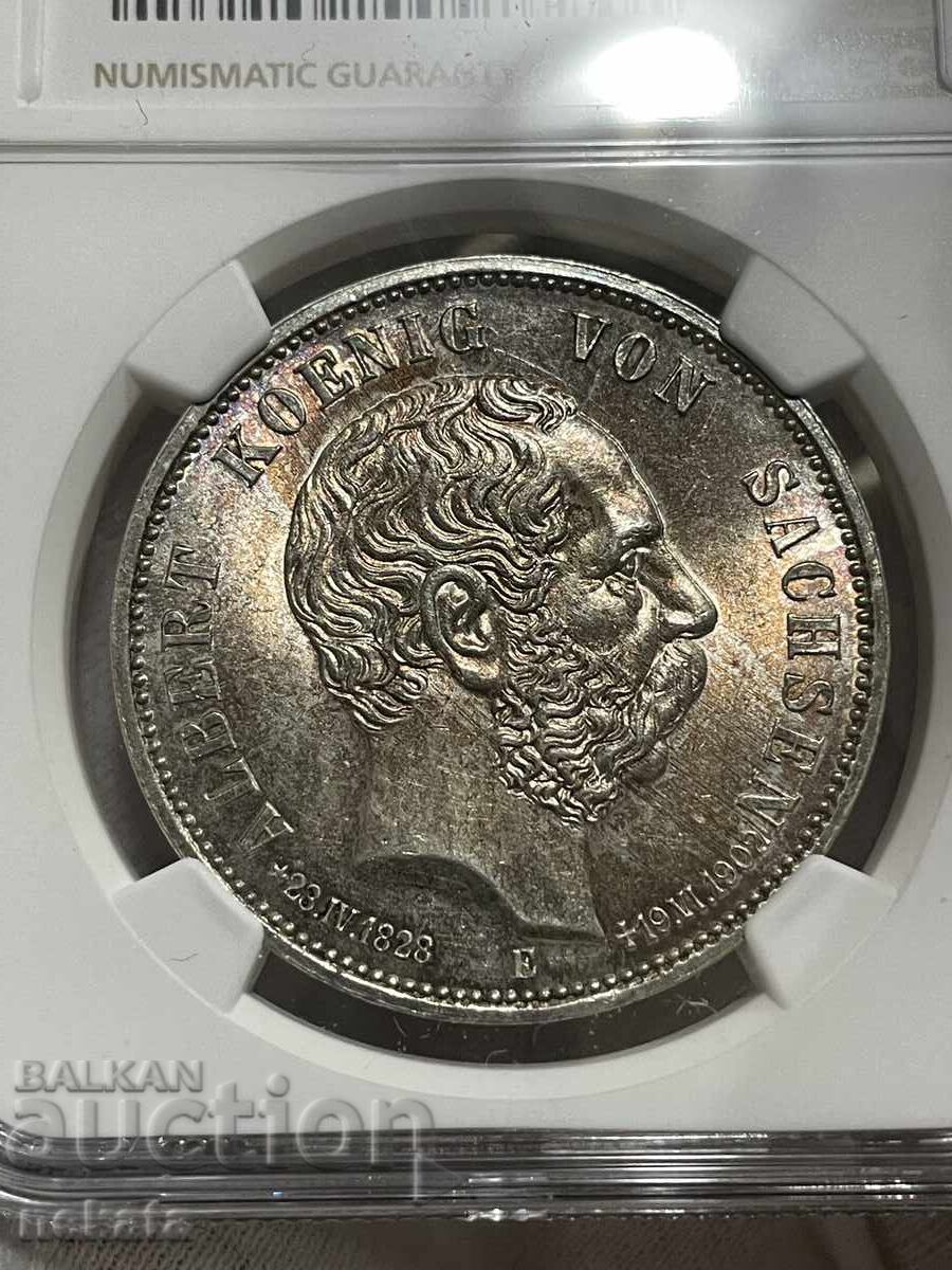 Германия, Саксония, 5 марки, 1902 Смърта на Алберт, MS62 NGC Германия, Саксония, 5 марки, 1902 Смърта на Алберт, MS62 NGC