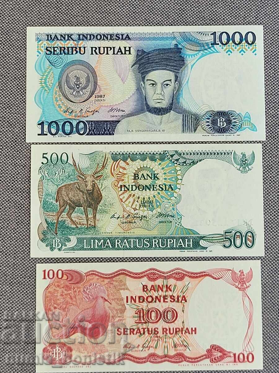 Lot 100, 500 and 1,000 Rupiah Indonesia 1984, 1988, 1987 UNC Lot 100, 500 and 1,000 Rupiah Indonesia 1984, 1988, 1987 UNC