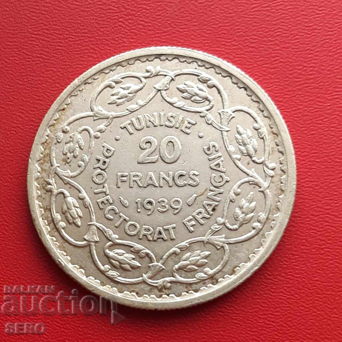 Tunisia-20 francs 1939-silver, very rare and in very good condition