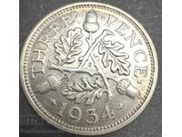 Great Britain England 3d 1934 King George V .500 Silver NO 3