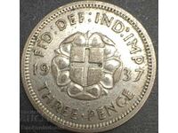 Great Britain England 3d 1937 King George VI .500 Silver