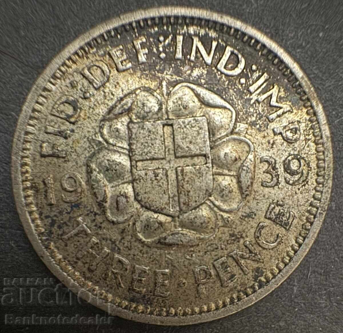 Great Britain England 3d 1939 King George VI .500 Silver N3 Great Britain England 3d 1939 King George VI .500 Silver N3