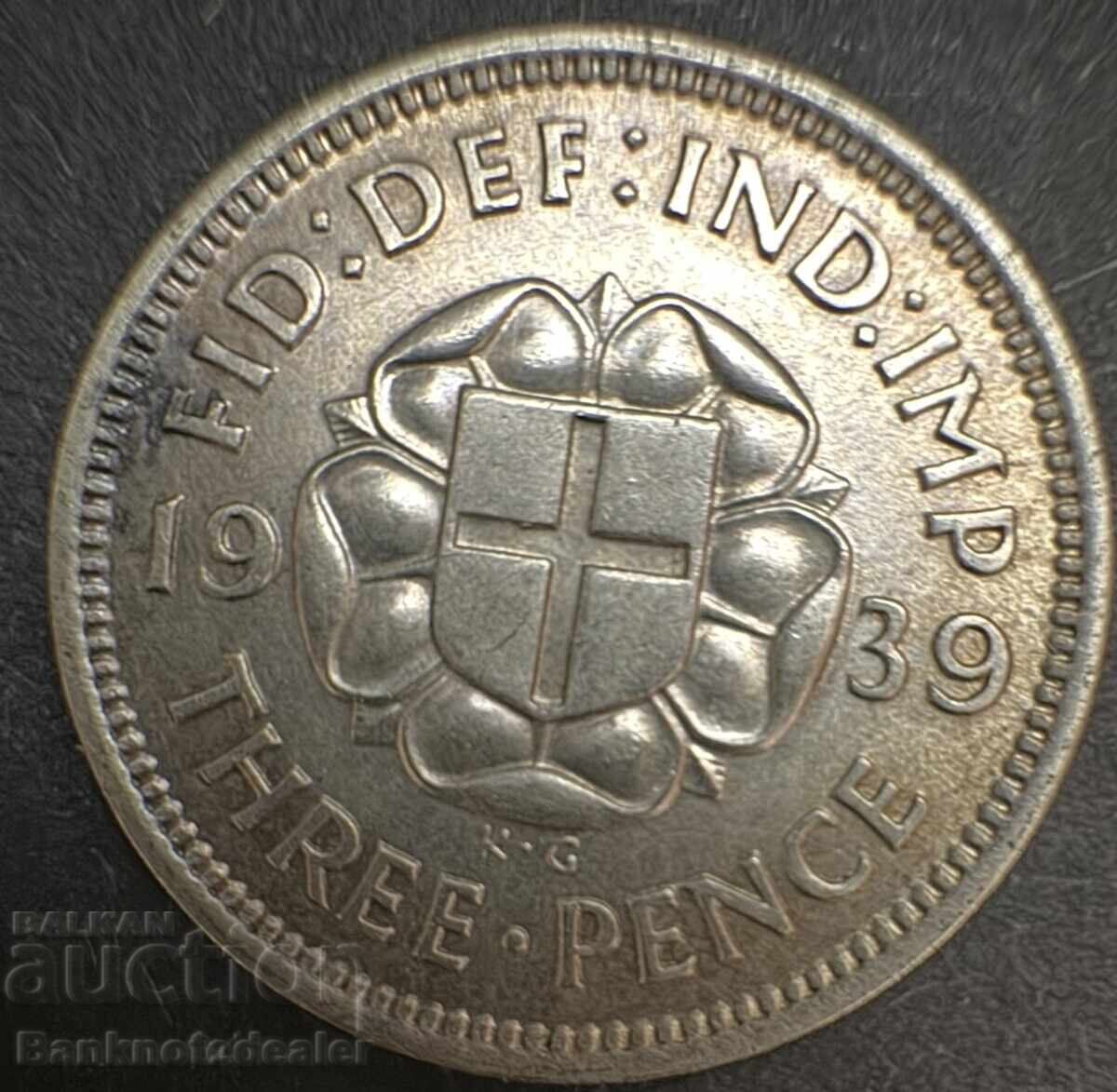 Great Britain England 3d 1939 King George VI .500 Silver N3 Great Britain England 3d 1939 King George VI .500 Silver N3