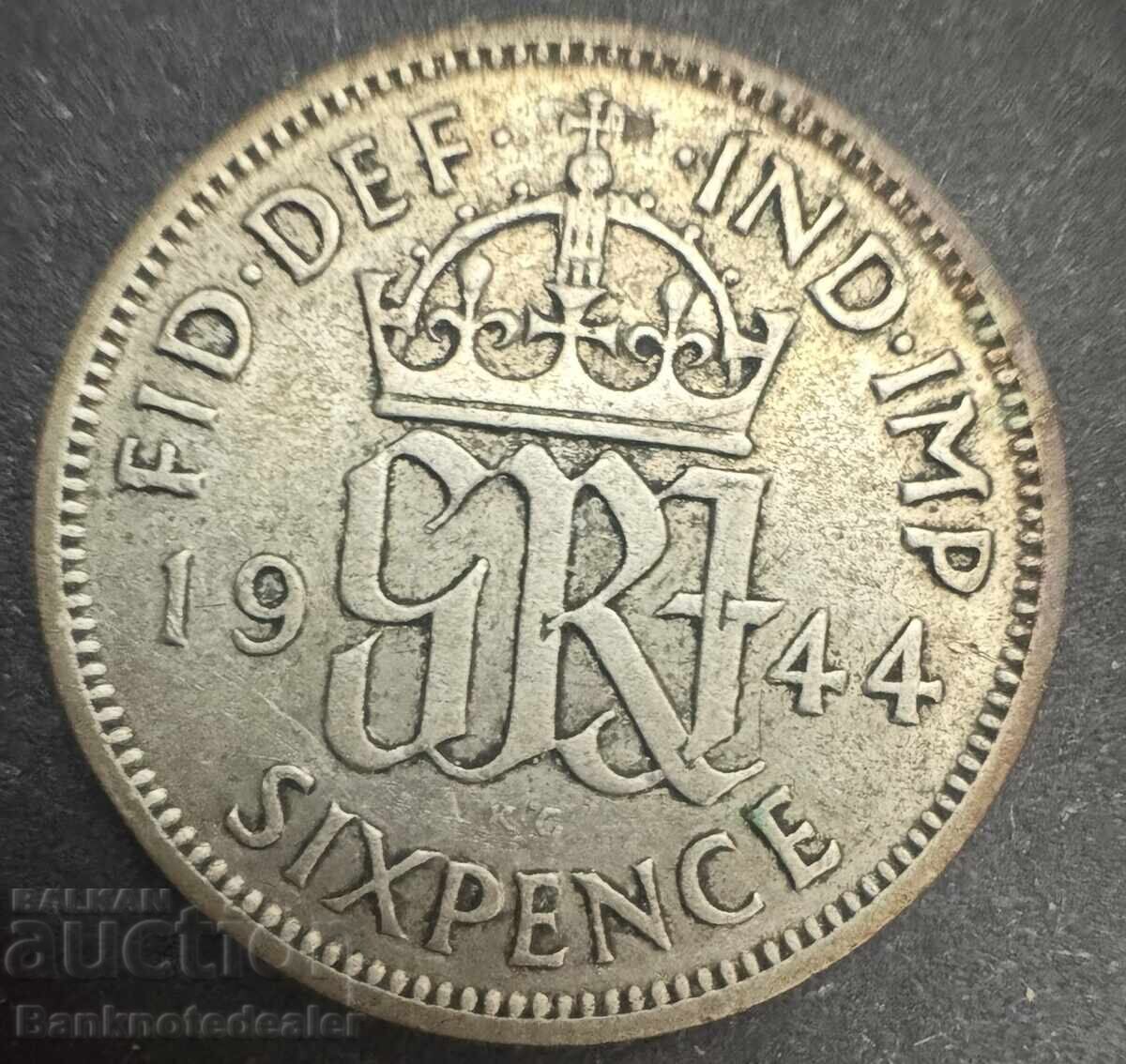 Marea Britanie Anglia 6d 1944 Regele George al VI-lea .500 Argint Marea Britanie Anglia 6d 1944 Regele George al VI-lea .500 Argint