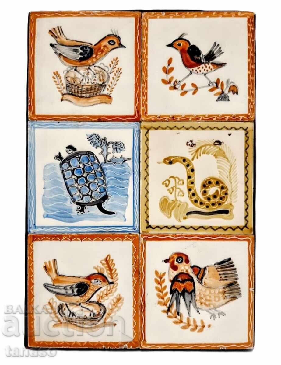 Panou decorativ din 6 plăci ceramice pictate, majolică