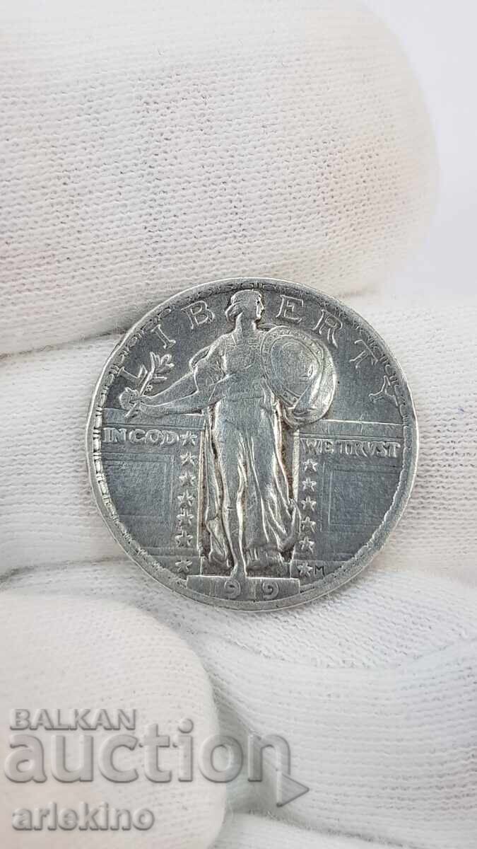 Collectible silver coin 1/4 - dollar 1919 America - USA with price € 55.00 | 107.57 BGN
