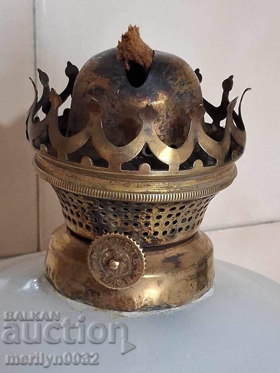 Licitație Lampă veche cu gaz, bază din sticlă albă, ORIGINALĂ Licitație Lampă veche cu gaz, bază din sticlă albă, ORIGINALĂ