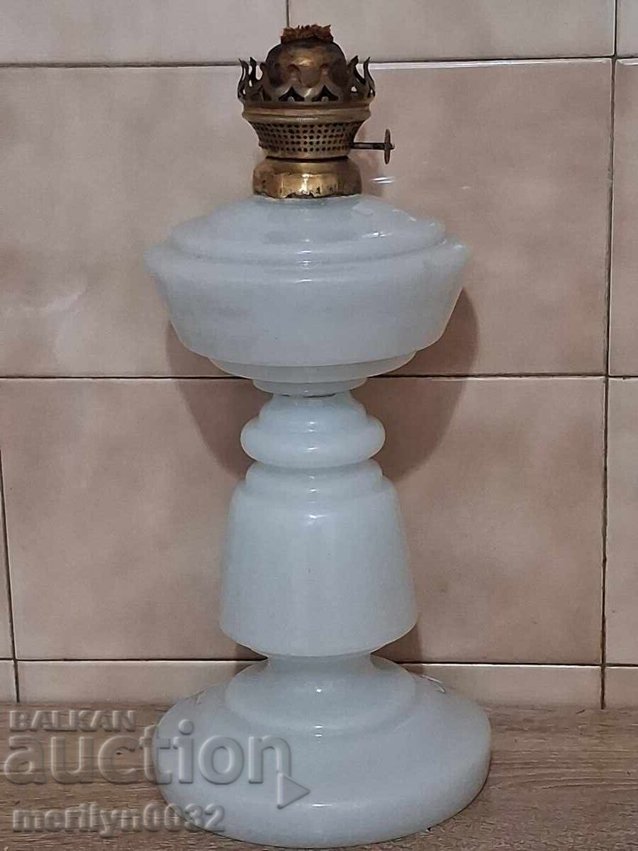 Lampă veche cu gaz, bază din sticlă albă, ORIGINALĂ Lampă veche cu gaz, bază din sticlă albă, ORIGINALĂ