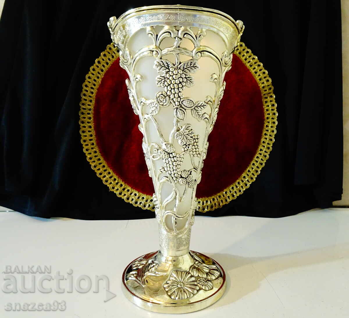Silver-plated vase, vines, grapes, Art Nouveau