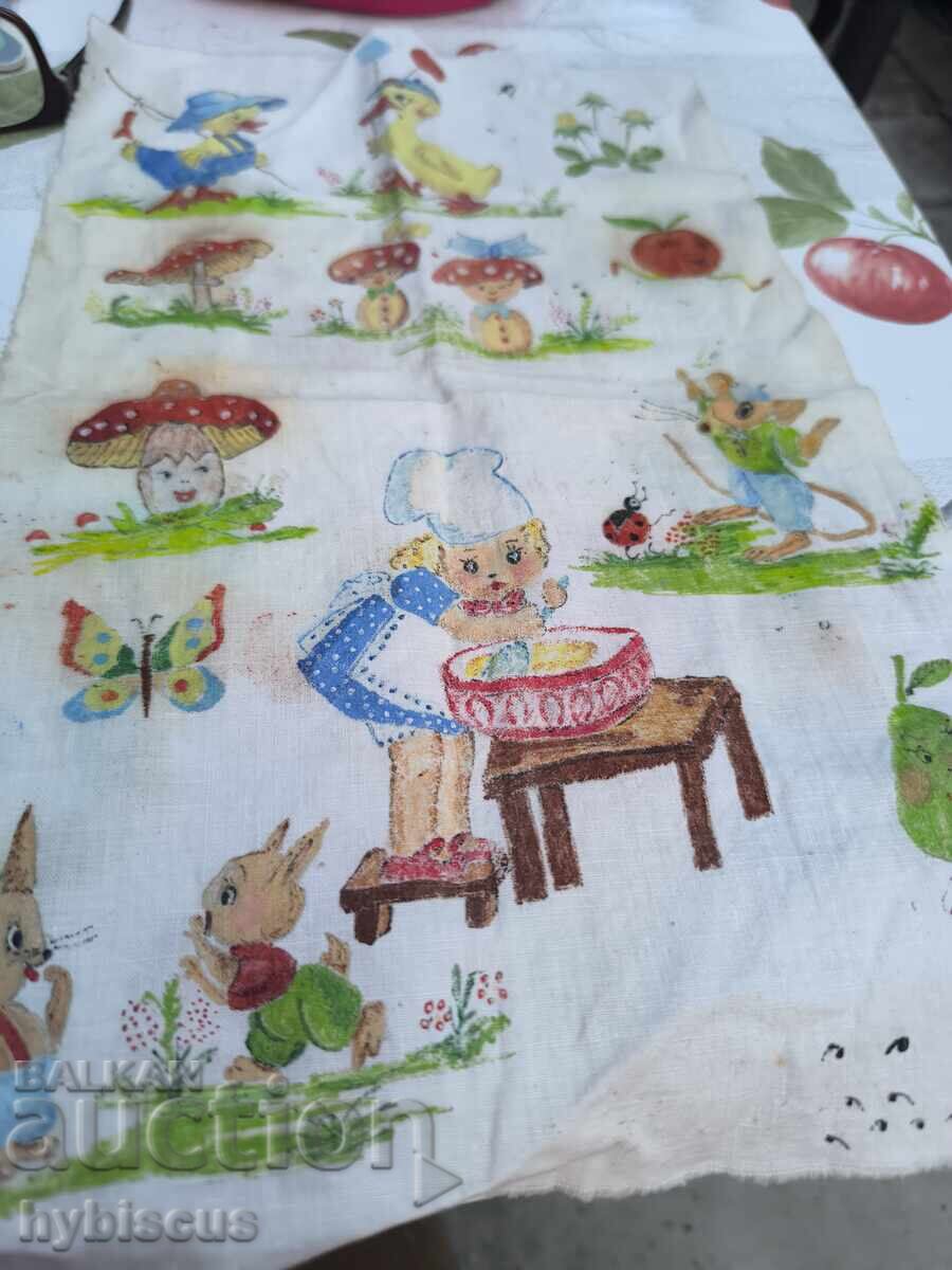 Bucată veche de pânză cu desene de 50 de ani