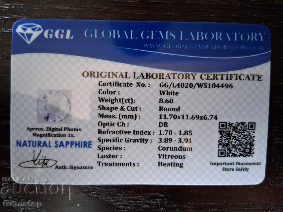 NO RESERVE! 8.60 ct natural sapphire GGL cert. from 1 BGN! - 5