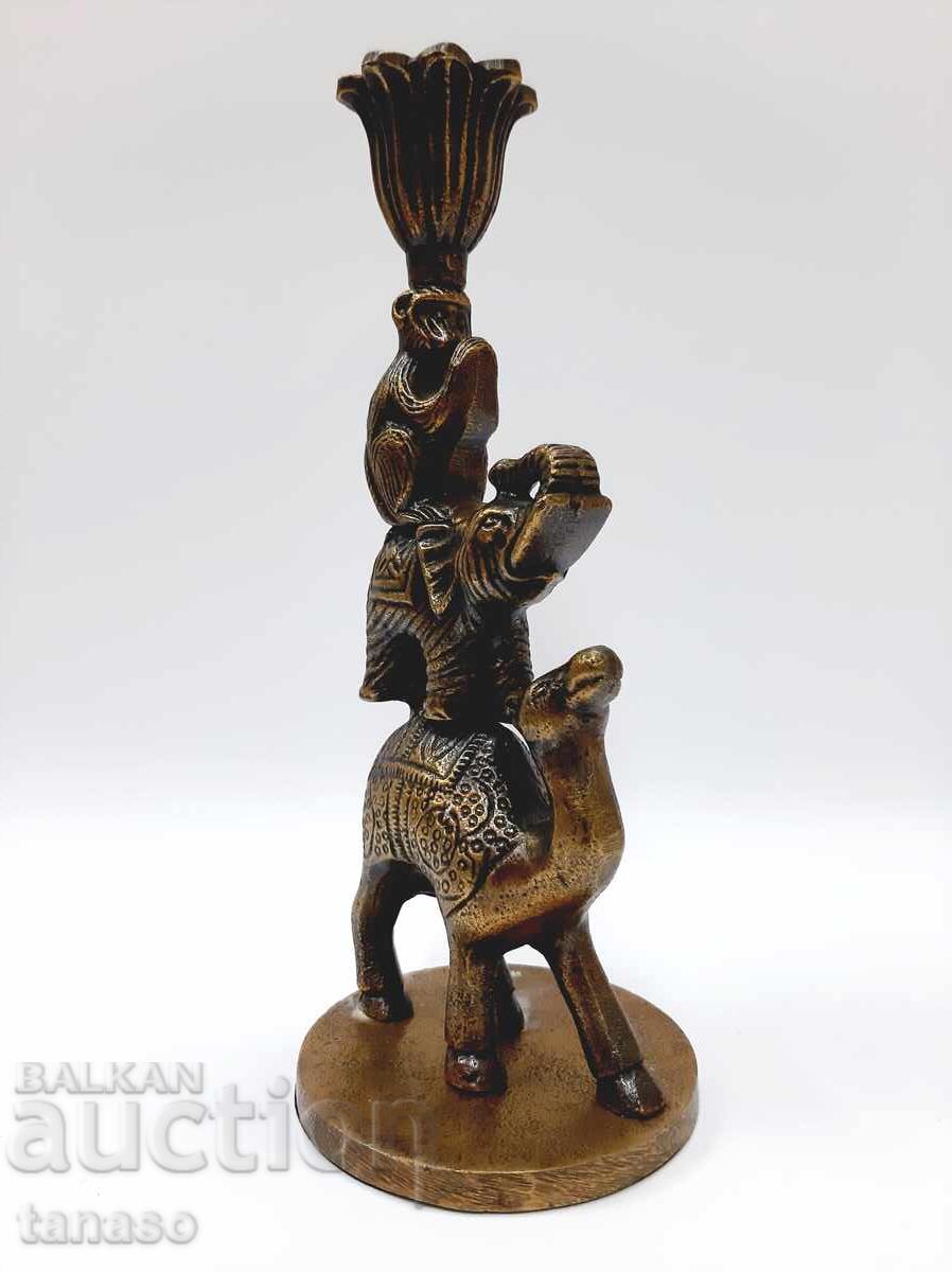 Auction  Retro brass candlestick – camel, elephant and monkey – 24.5 cm