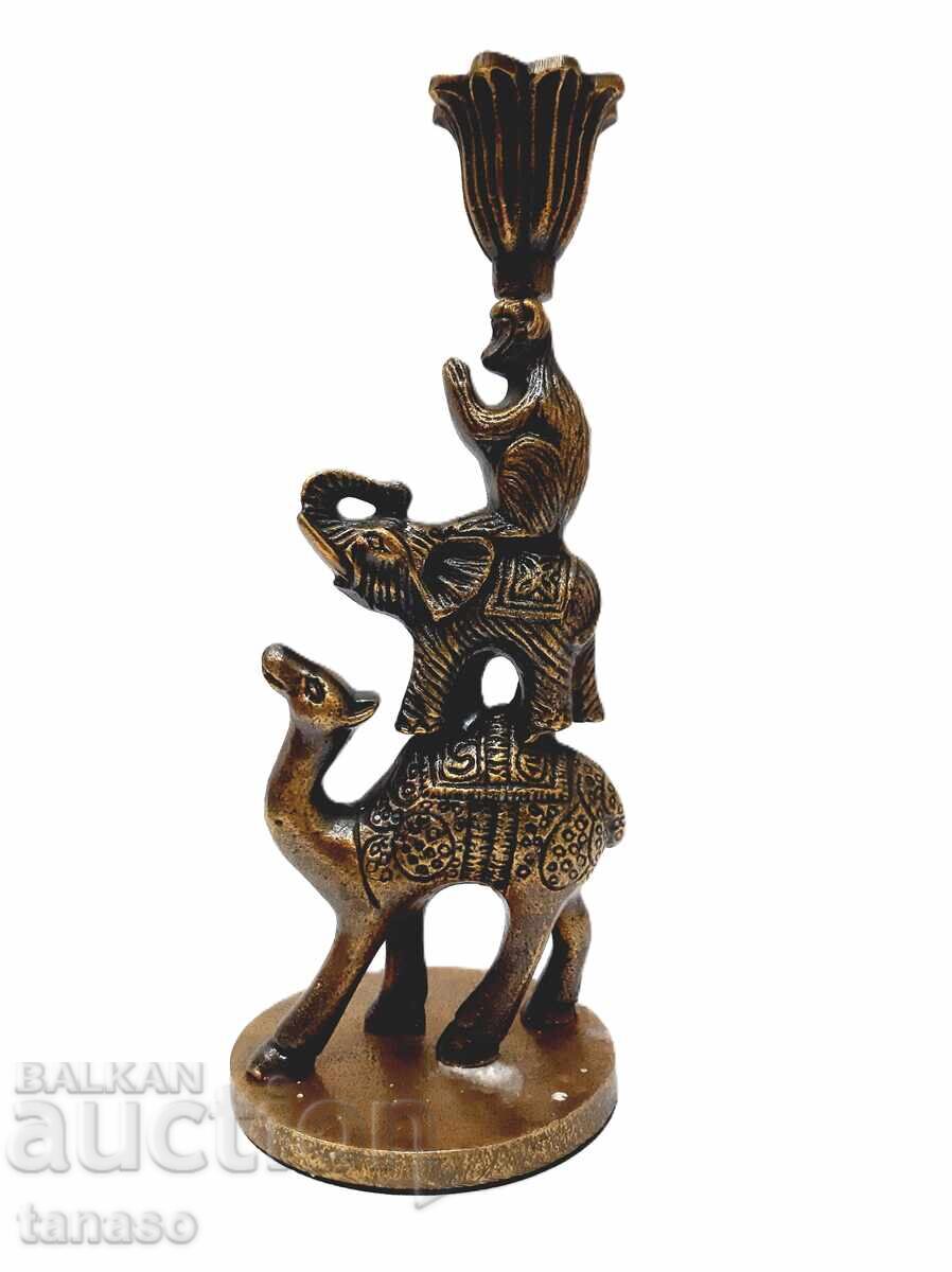 Retro brass candlestick – camel, elephant and monkey – 24.5 cm
