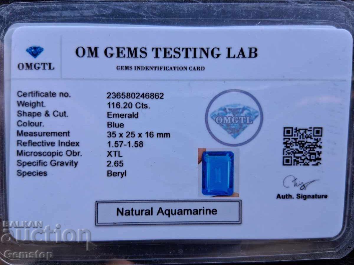 Licitatie! 116.20 ct. acvamarin natural, taietura smarald, certificat OMGTL, de la 1 leu! - 5