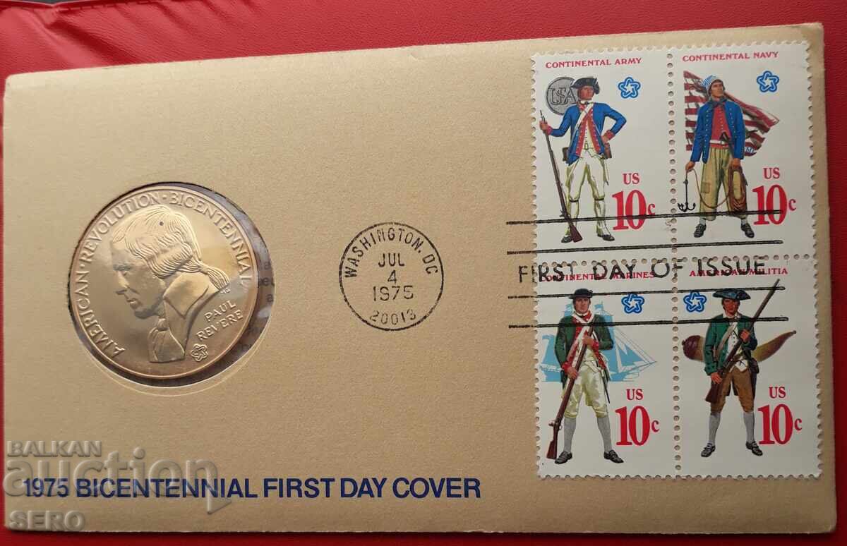 USA-medal-200 years USA 1975 and postage stamps in a presentation envelope
