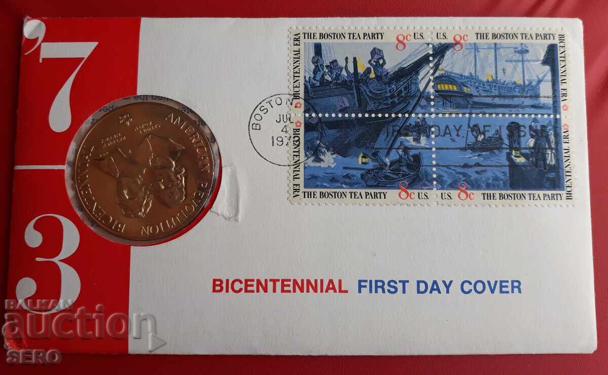 USA-medal-200 years USA 1973 and postage stamps in a commemorative envelope
