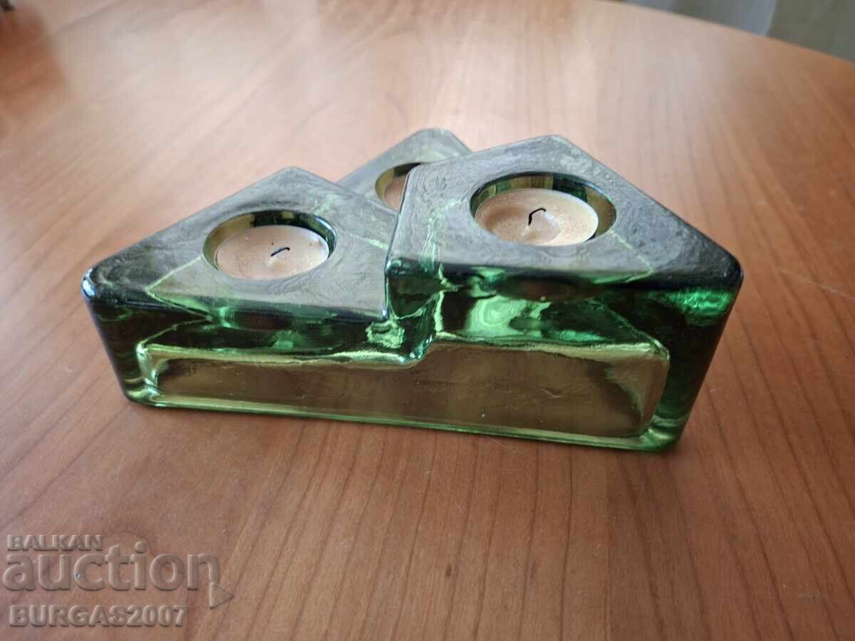 Auction Vintage massive glass candle holder for 3 tea lights Auction Vintage massive glass candle holder for 3 tea lights