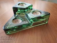 Стар масивен, стъклен свещник за 3 чаени свещи.